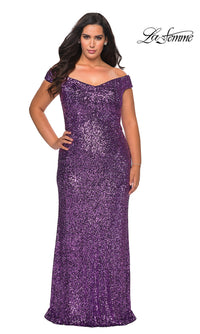 La Femme-Off-the-Shoulder Long Sequin Plus-Size Prom Dress