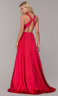 Promgirl Private Label-PromGirl Satin Long Red Prom Dress with Open Back