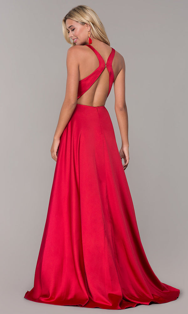 Red Long Satin Prom Dress With Open Back Promgirl