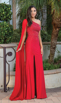 Dancing Queen-Beaded Long Prom Dress with One-Shoulder Cape