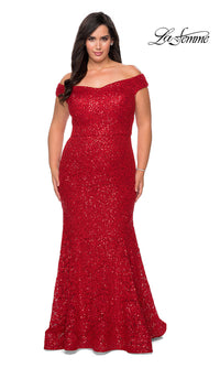 La Femme-Long Lace Empire-Waist Plus La Femme Prom Dress