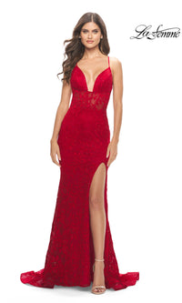 La Femme Long Lace Prom Dress with Strappy Back