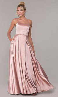 Long Satin Prom Dress with Pockets and Beaded Waist