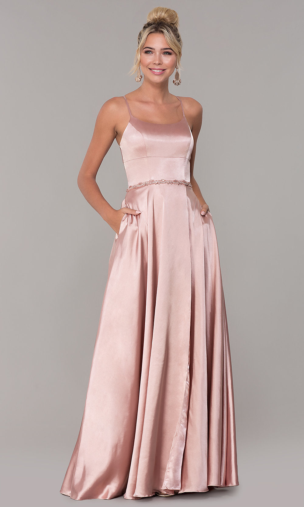 Long Satin Prom Dress with Pockets and Beaded Waist