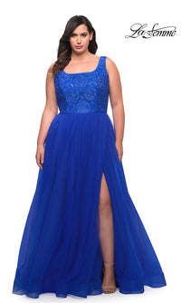 La Femme-La Femme Plus-Size Long Lace-Bodice Prom Dress