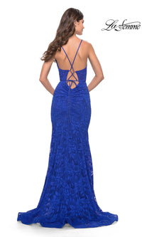 La Femme Long Lace Prom Dress with Strappy Back