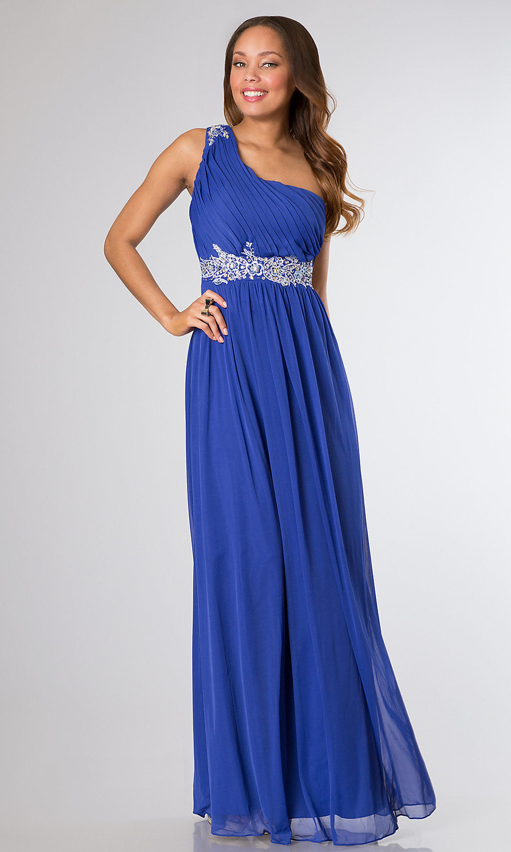 JeweledWaist OneShoulder Long Prom Dress PromGirl