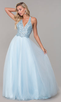 Dancing Queen-Long V-Neck Tulle Prom Dress with Beaded Bodice