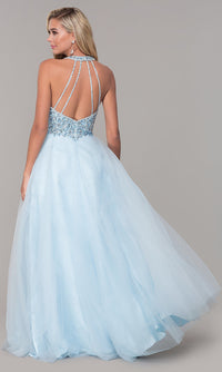 Dancing Queen-Long V-Neck Tulle Prom Dress with Beaded Bodice