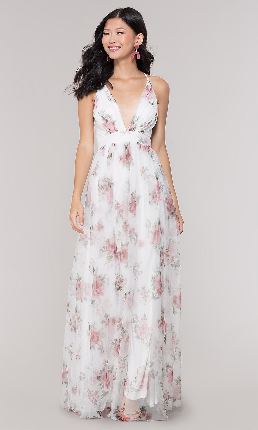 White V-Neck Long Floral-Print Prom Dress - PromGirl