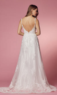 Lace-Applique V-Neck Long White Formal Ball Gown