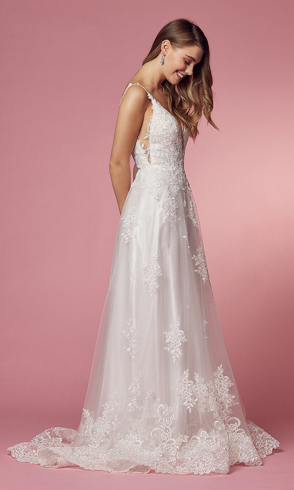 Lace-Applique V-Neck Long White Formal Ball Gown