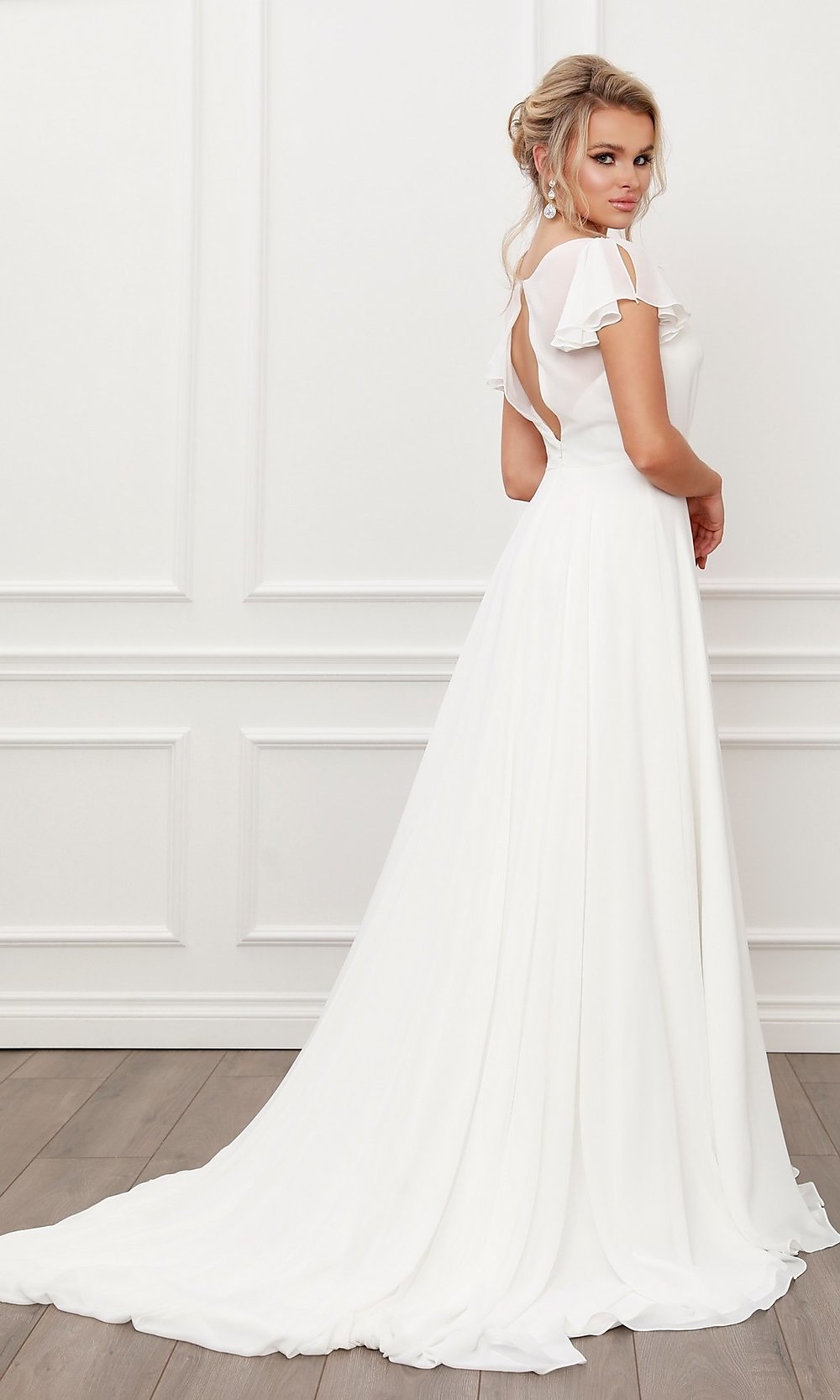 White Flutter-Sleeve Long Chiffon Bridal Gown