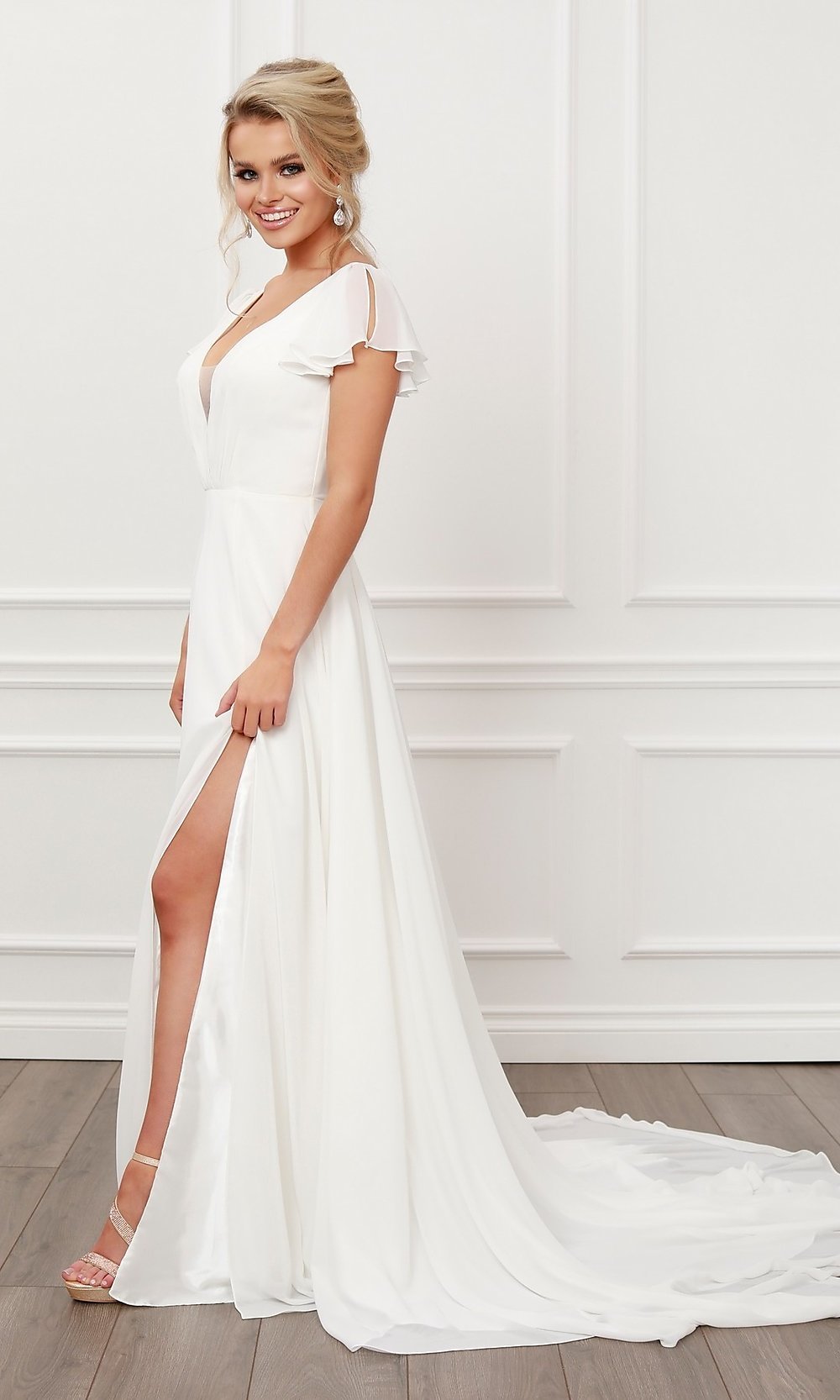 White Flutter-Sleeve Long Chiffon Bridal Gown