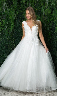 Floral-Applique Long White Ball Gown Wedding Dress