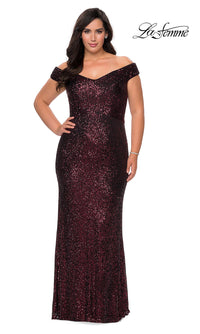 La Femme-Off-the-Shoulder Long Sequin Plus-Size Prom Dress