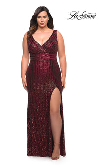 La Femme-La Femme Striped Sequin Plus-Size Long Prom Dress