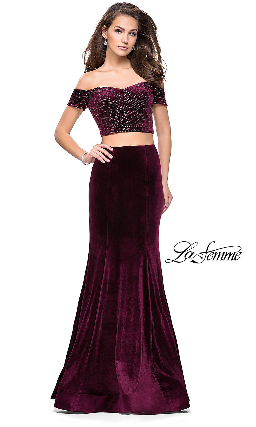 Long Two-Piece Off-the-Shoulder Velvet La Femme Prom Dress