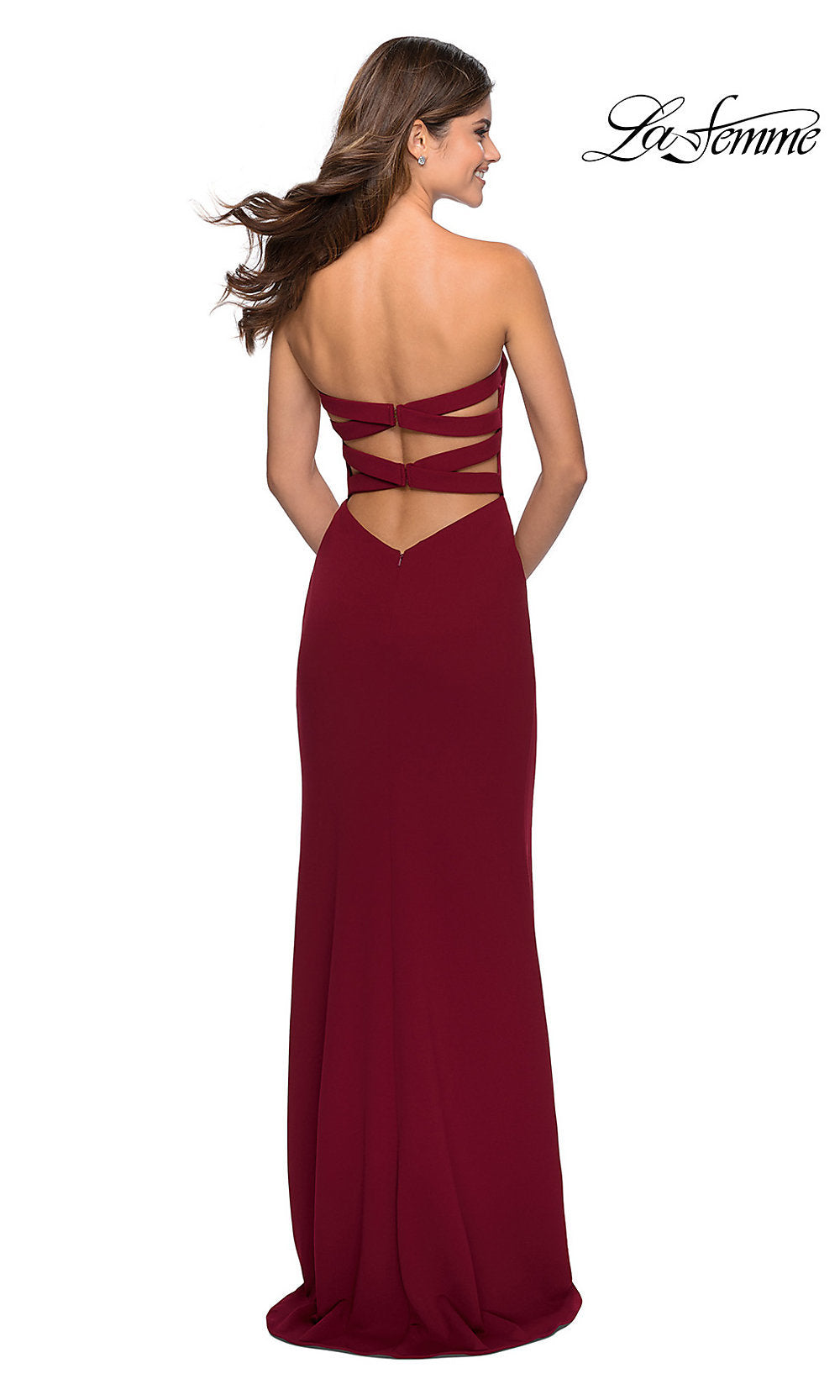 La Femme Strappy-Back Long Strapless Prom Dress